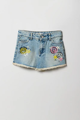 Short en denim à taille haute avec imprimé Smiley pour fille