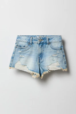 Short en denim d'aspect usé à taille haute pour fille