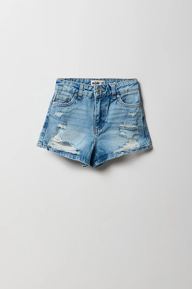 Short en denim à taille haute coupe Mom d'aspect usé pour filles