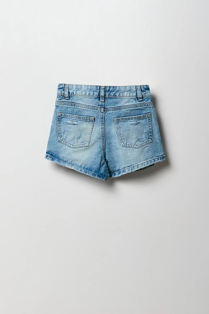 Short en denim à taille haute coupe Mom d'aspect usé pour filles