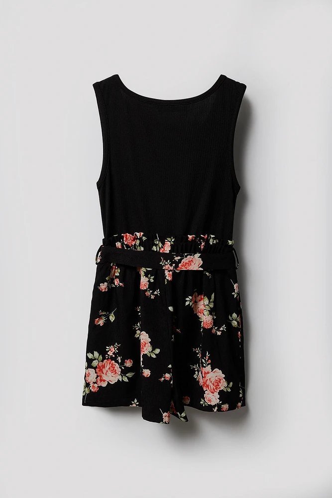 Combi-short fleuri avec ceinture pour fille