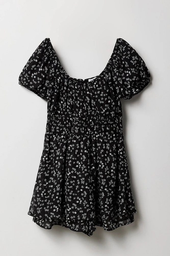 Combi-short en chiffon fleuri à manches courtes pour fille