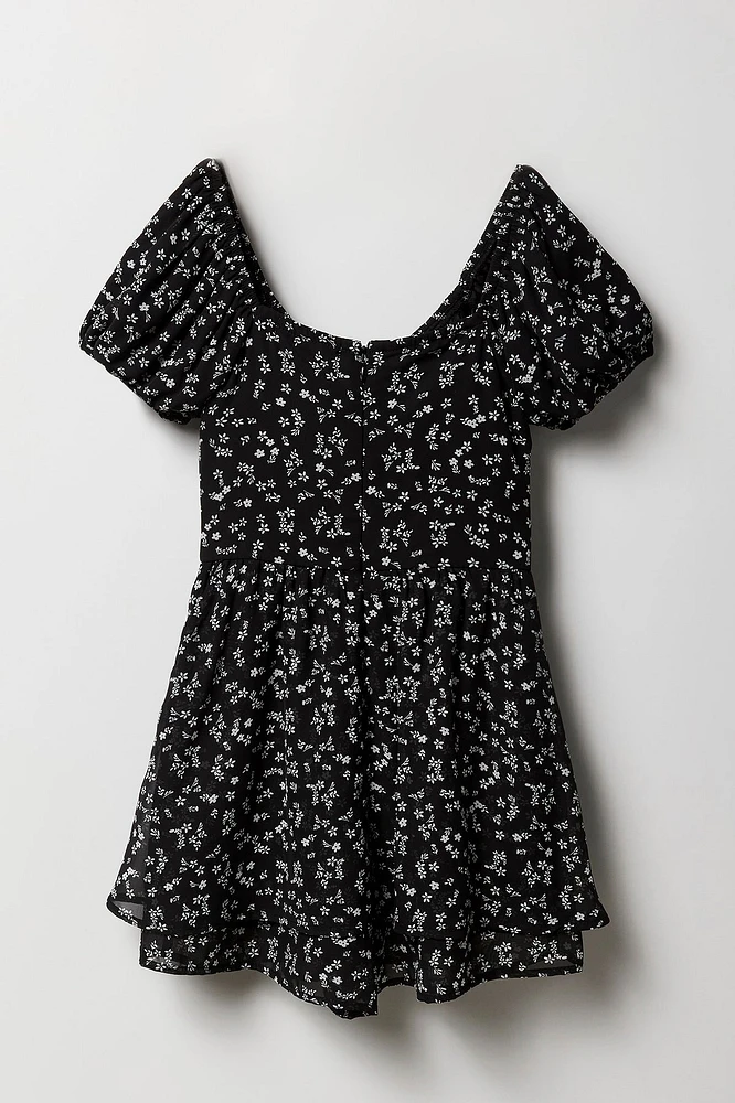 Combi-short en chiffon fleuri à manches courtes pour fille