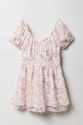 Combi-short en chiffon fleuri à manches courtes pour fille