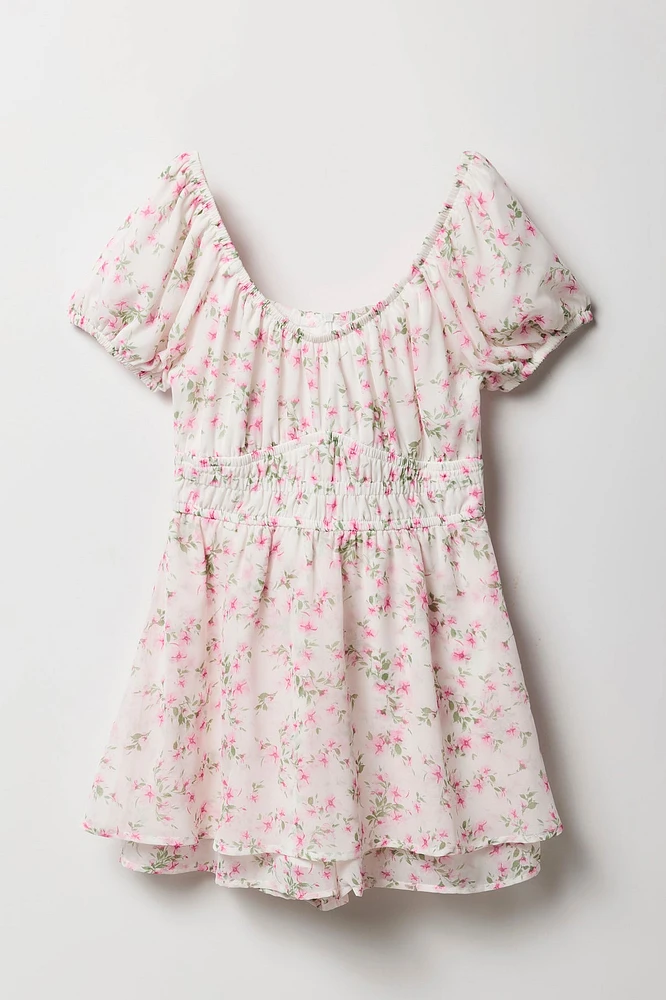 Combi-short en chiffon fleuri à manches courtes pour fille