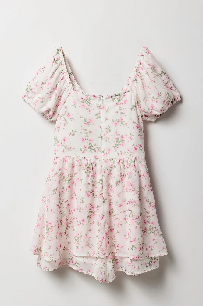 Combi-short en chiffon fleuri à manches courtes pour fille