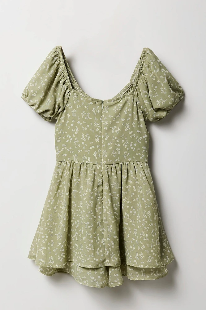 Girls Floral Chiffon Short Sleeve Romper