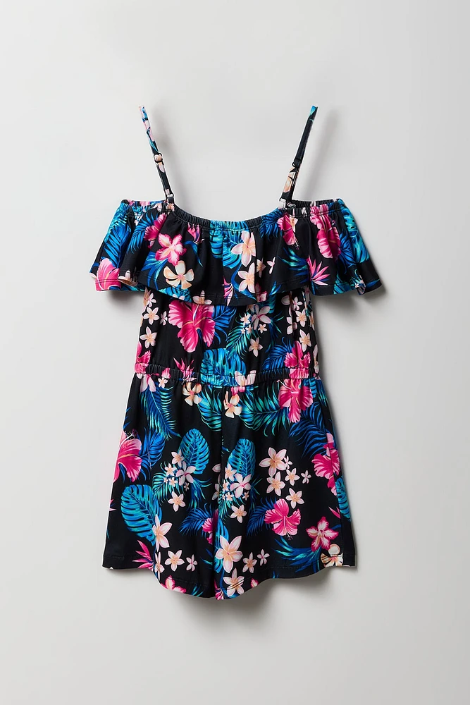 Combi-short avec motif tropical et épaules dénudées pour fille