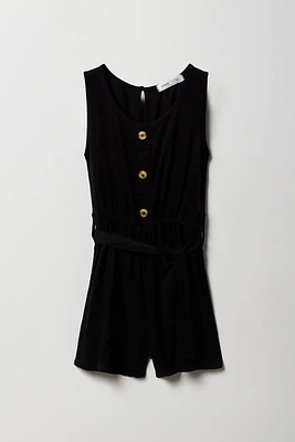 Girls Button Front Belted Romper