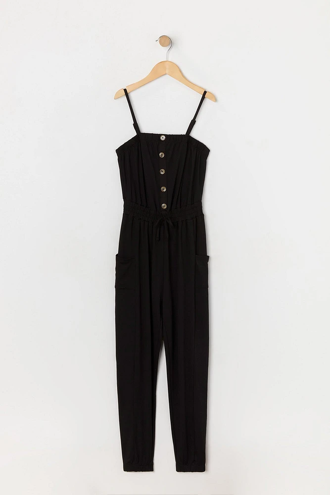 Girls Button-Up Self-Tie Jumpsuit