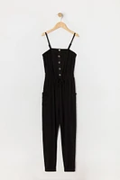 Girls Button-Up Self-Tie Jumpsuit