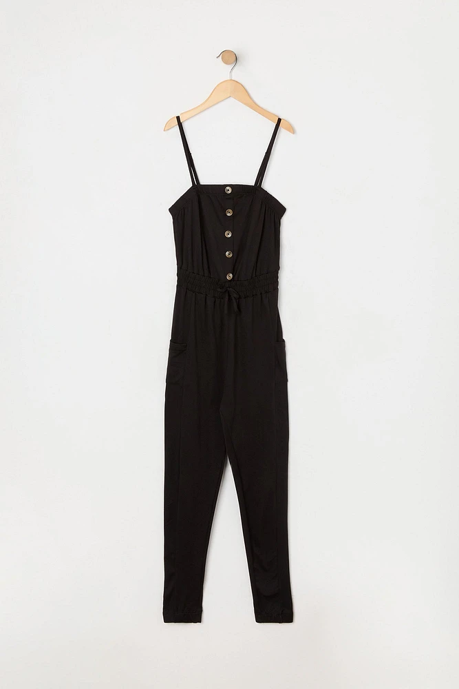 Girls Buttoned Tie Waist Jumpsuit