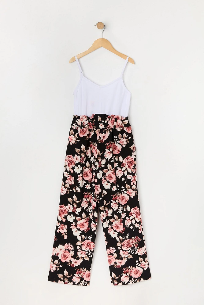 Girls Floral Print Belted Jumpsuit