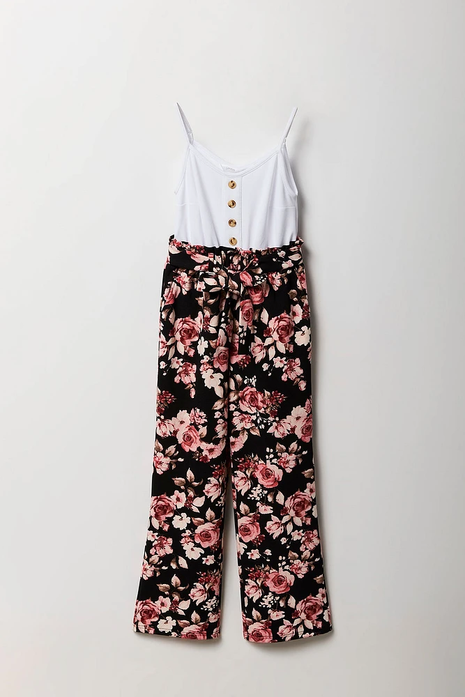 Girls Button Front Floral Belted Jumpsuit