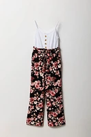 Girls Button Front Floral Belted Jumpsuit