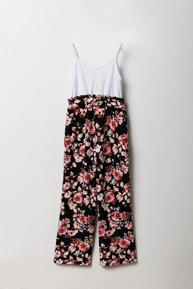 Girls Button Front Floral Belted Jumpsuit