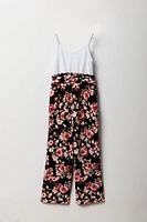 Girls Button Front Floral Belted Jumpsuit