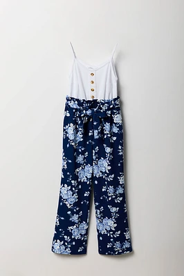 Girls Button Front Floral Belted Jumpsuit