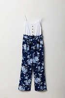 Girls Button Front Floral Belted Jumpsuit