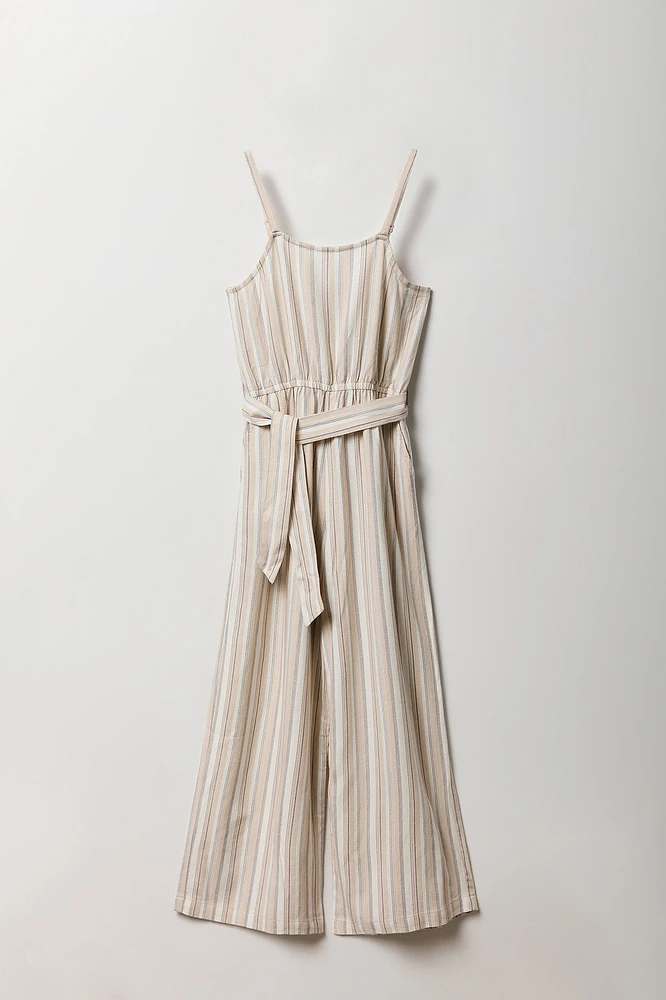Girls Linen Belted Wide Leg Jumpsuit