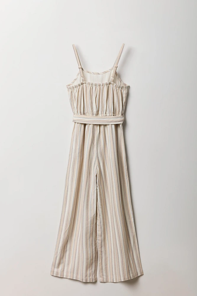 Girls Linen Belted Wide Leg Jumpsuit