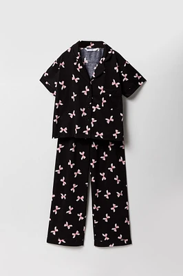 Girls Printed Button-Up Top & Pant 2 Piece Pajama Set