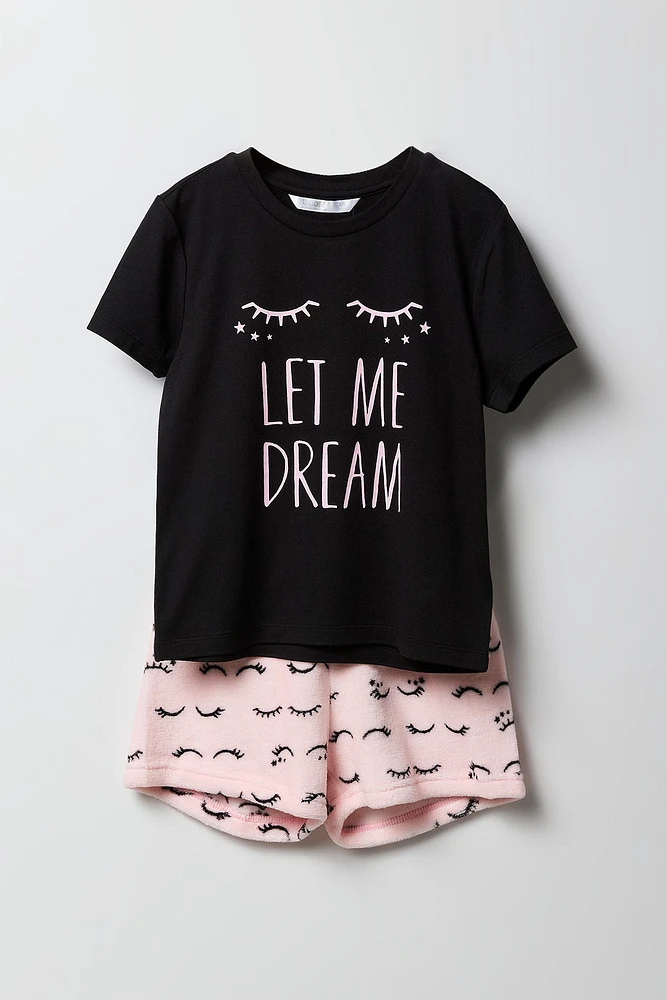 Girls Graphic T-Shirt & Plush Short 2 Piece Pajama Set