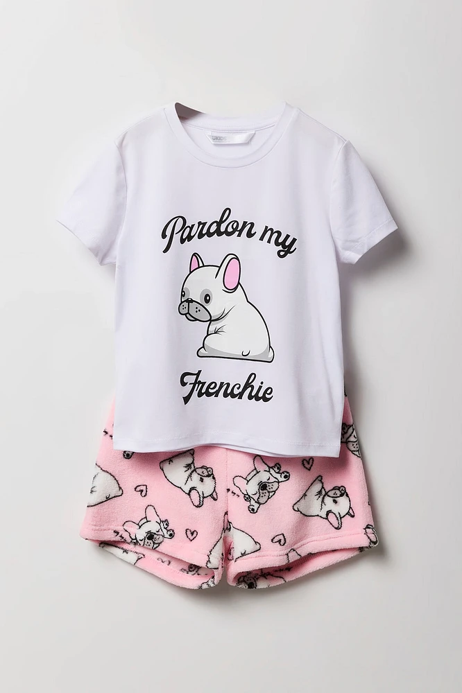 Ensemble-pyjama deux piÃ¨ces haut et short pelucheux imprimÃ©s pour filles