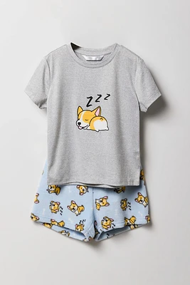 Girls Graphic T-Shirt & Plush Short 2 Piece Pajama Set