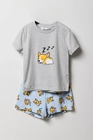 Girls Graphic T-Shirt & Plush Short 2 Piece Pajama Set