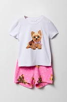 Ensemble-pyajama deux piÃ¨ces t-shirt et short pelucheux imprimÃ©s pour filles