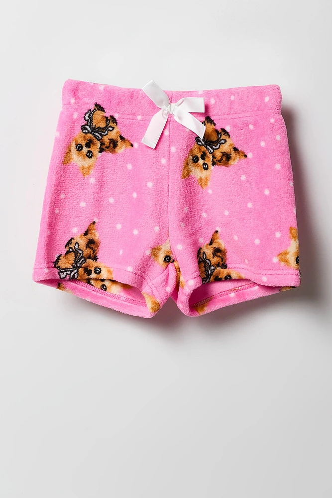 Ensemble-pyajama deux piÃ¨ces t-shirt et short pelucheux imprimÃ©s pour filles