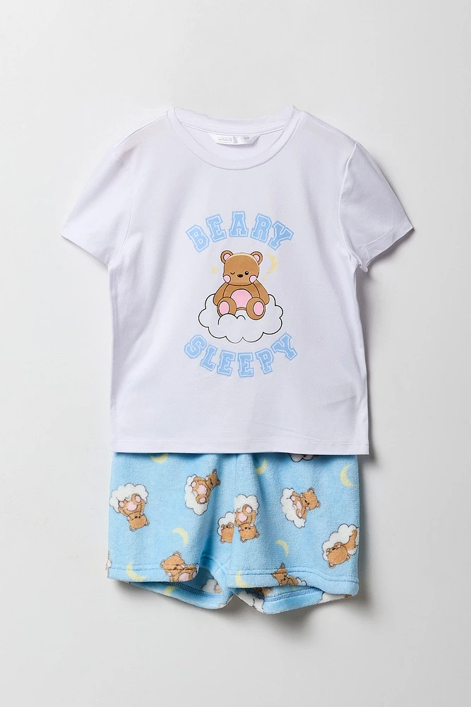 Girls Graphic T-Shirt & Plush Short 2 Piece Pajama Set