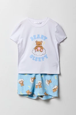 Girls Graphic T-Shirt & Plush Short 2 Piece Pajama Set