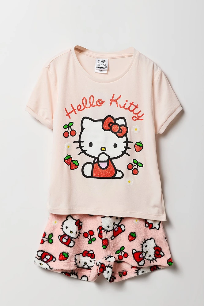 Ensemble-pyjama t-shirt Ã  imprimÃ© Hello Kitty avec cerises et short pelucheux pour filles