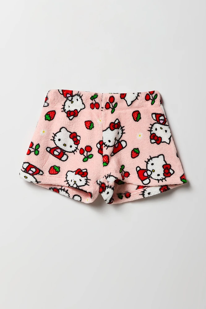 Ensemble-pyjama t-shirt Ã  imprimÃ© Hello Kitty avec cerises et short pelucheux pour filles