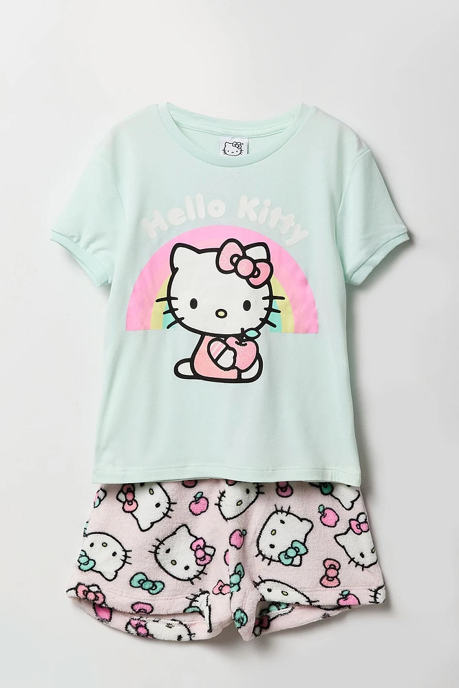 Ensemble-pyjama t-shirt Ã  imprimÃ© Hello Kitty avec arc-en-ciel et short pelucheux pour filles