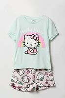 Ensemble-pyjama t-shirt à imprimé Hello Kitty avec arc-en-ciel et short pelucheux pour filles