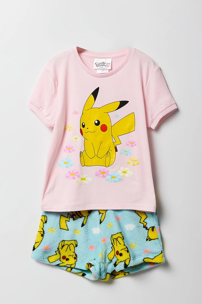 Girls Pikachu T-Shirt & Plush Short 2 Piece Pajama Set