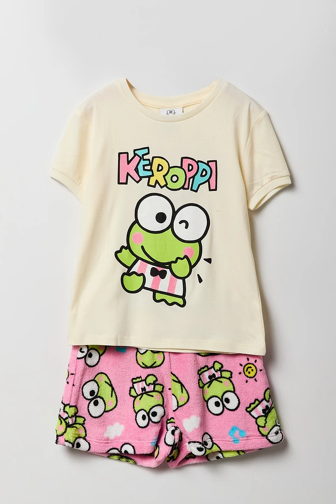 Ensemble-pyjama t-shirt Ã  imprimÃ© Keroppi et short pelucheux pour filles