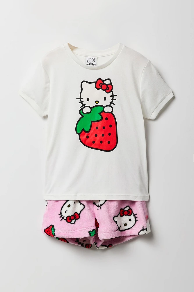 Girls Hello Kitty Strawberry T-Shirt & Short 2 Piece Pajama Set