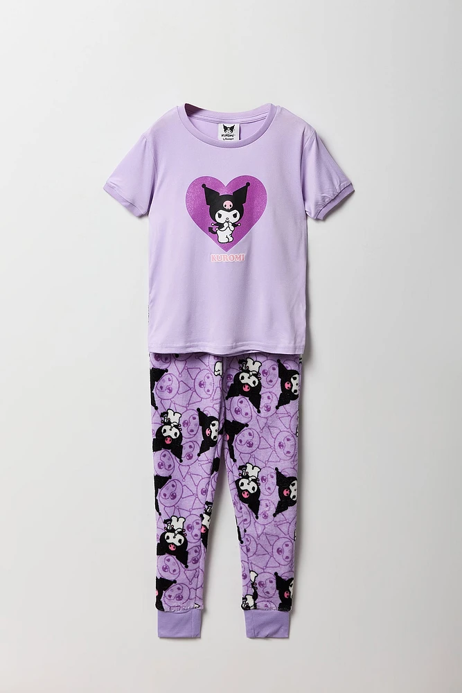 Girls Kuromi T-Shirt & Plush Pant 2 Piece Pajama Set