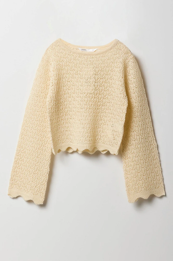 Chandail en tricot crocheté avec manches cloche pour fille