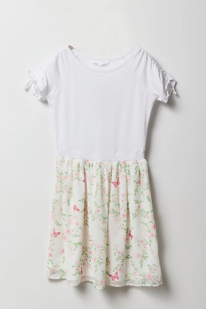 Robe à jupe virevoltante fleurie en chiffon avec manches ruchées pour fille