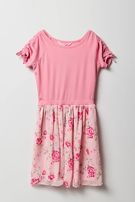 Girls Floral Chiffon Ruched Sleeve Skater Dress