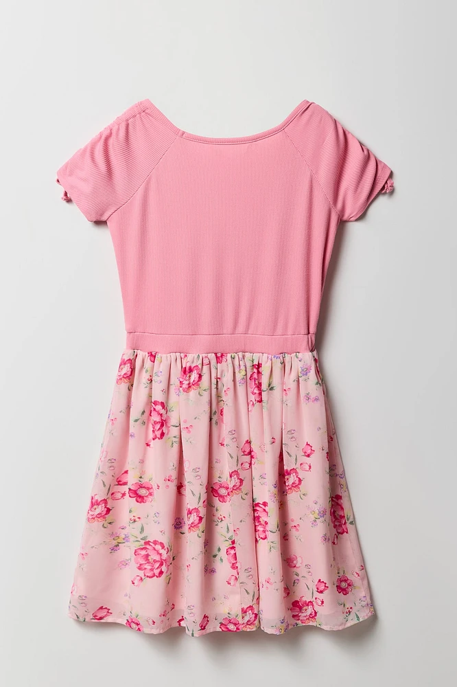 Girls Floral Chiffon Ruched Sleeve Skater Dress