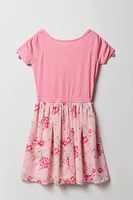 Girls Floral Chiffon Ruched Sleeve Skater Dress