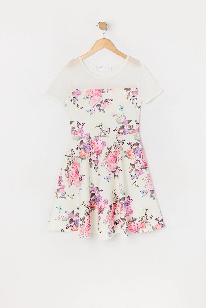 Girls Floral Butterfly Print Mesh Skater Dress