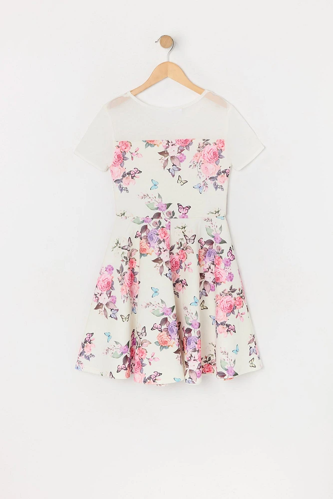 Girls Floral Butterfly Print Mesh Skater Dress