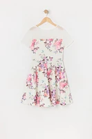 Girls Floral Butterfly Print Mesh Skater Dress